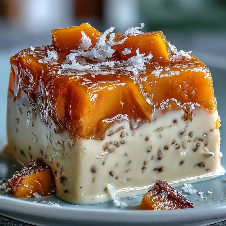 Vibrant mango agar-agar jelly cubes topped with smooth, creamy coconut milk.