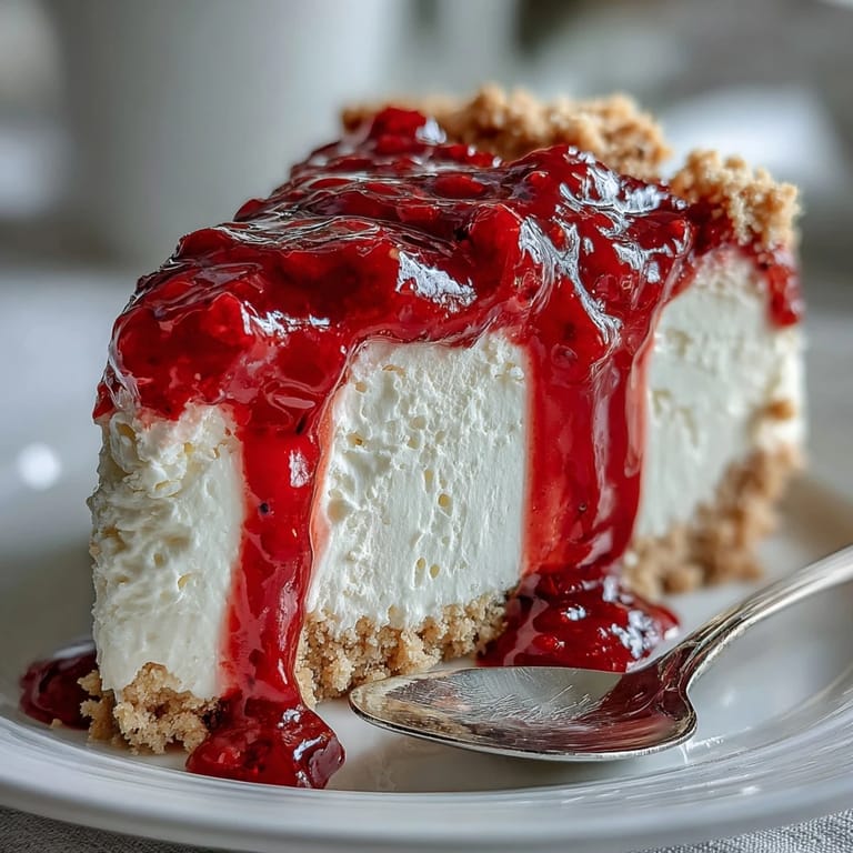 Creamy Mother's Day no-bake cheesecake topped with sweet, homemade raspberry coulis.