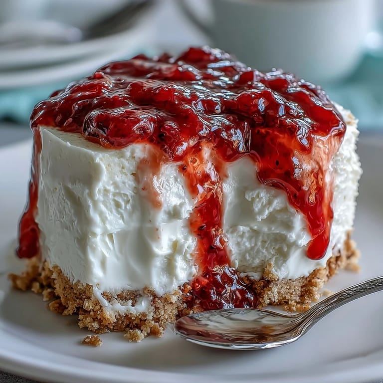 Delectable no-bake cheesecake with crunchy biscuit base and tangy raspberry drizzle.