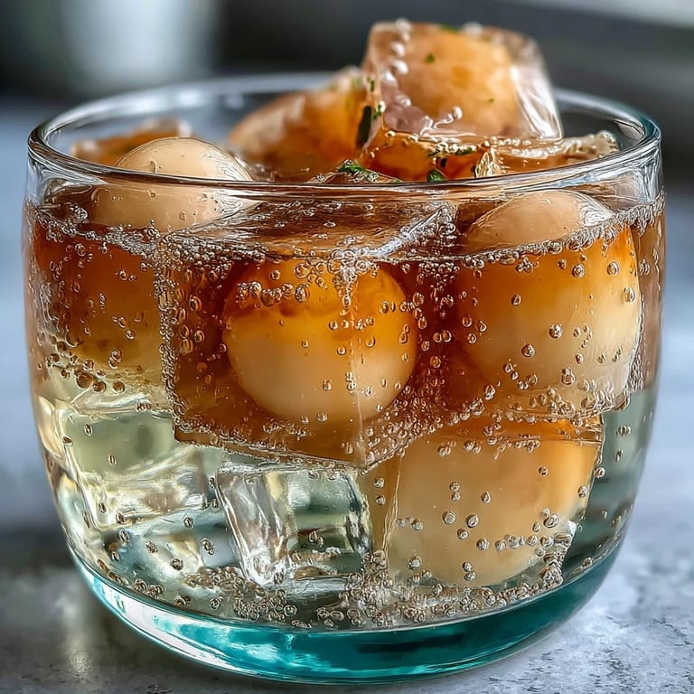 Plump lychee agar jelly cubes suspended in bubbly yuzu water, a visually stunning dessert.