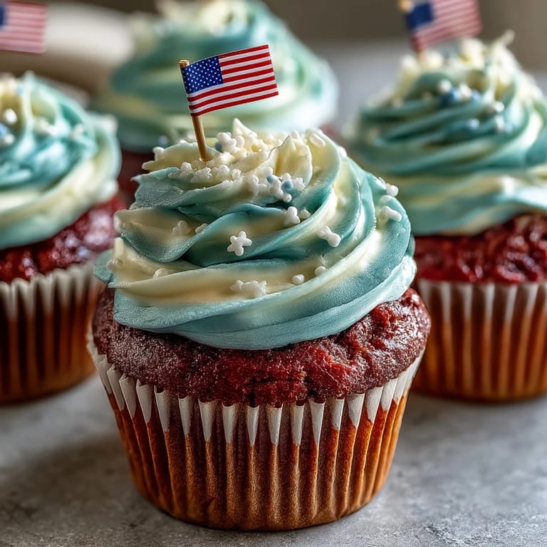 Vibrant red, white, and blue swirled frosting on Star-Spangled Banner Cupcakes.