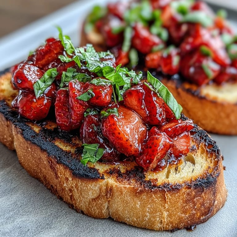 Glistening balsamic glaze dripping over fresh strawberry bruschetta on toasted bread.