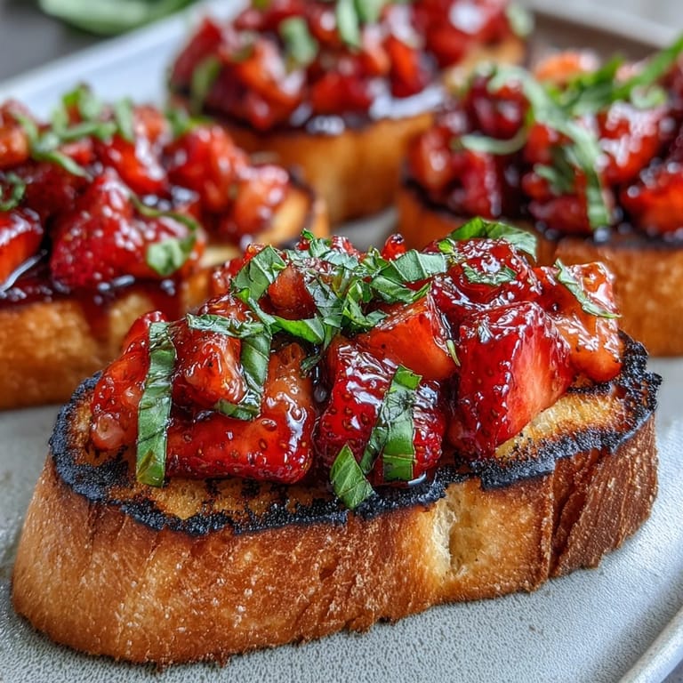 Close-up of easy strawberry balsamic bruschetta, a delightful appetizer on crispy bread.