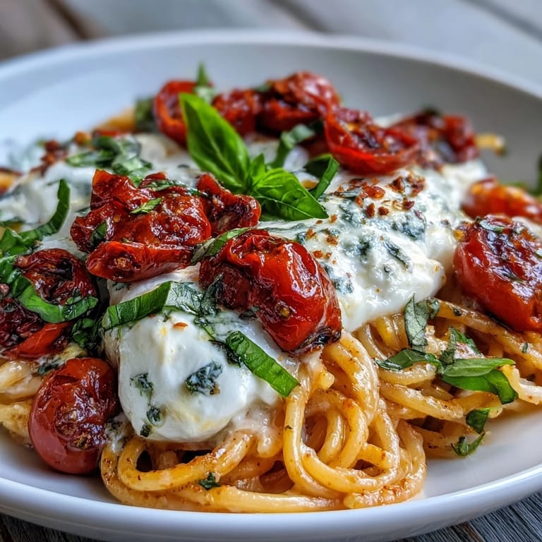 Tender Summer Caprese Pasta featuring soft burrata, juicy tomatoes, and fresh basil.