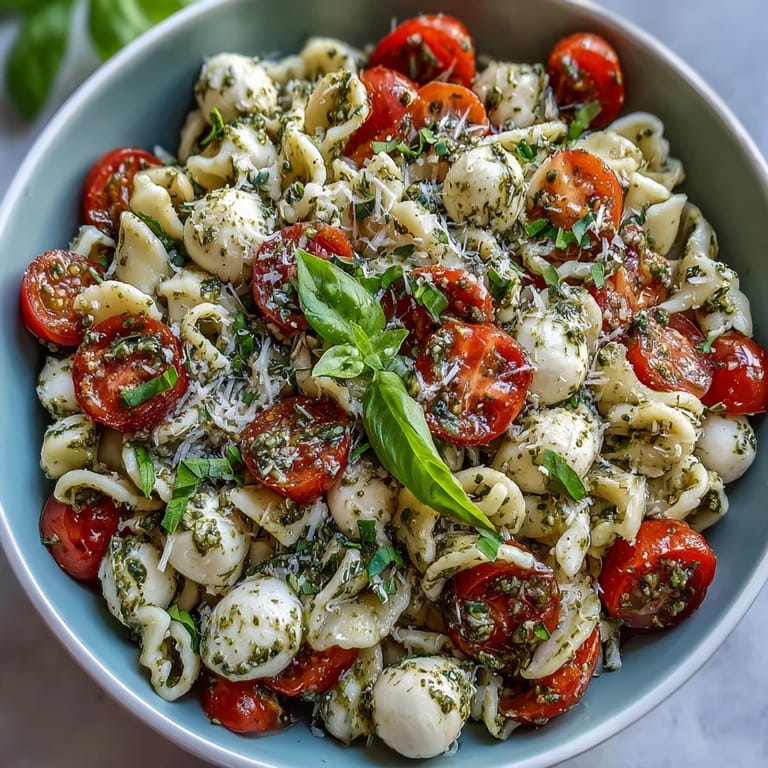 Fresh Caprese Pasta Salad with creamy mozzarella and basil pesto dressing.