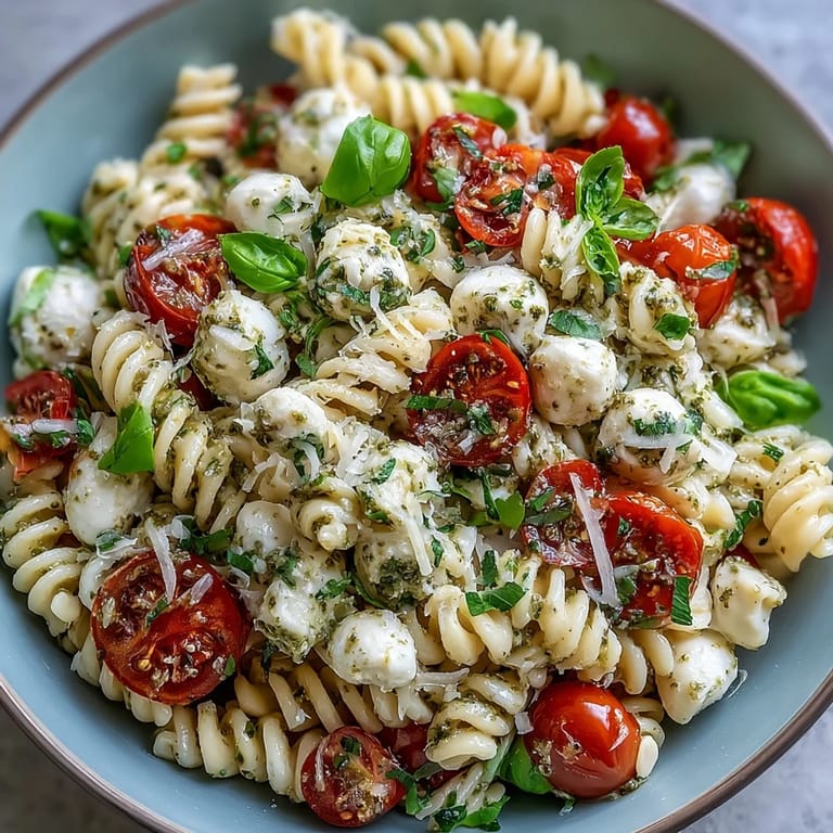 Hearty Caprese Pasta Salad dish perfect for a summer lunch.