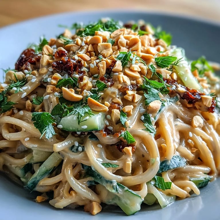 Savory cold peanut sesame noodles topped with crunchy peanuts and fresh scallions.