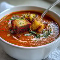 Steaming bowl of Roasted Tomato Soup With Crispy Croutons garnished with fresh thyme and olive oil drizzle.