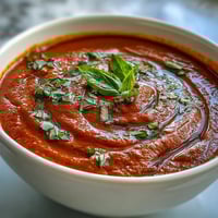 A bowl of homemade Tomato and Basil Soup garnished with fresh basil and a drizzle of olive oil, served beside warm crusty bread.  