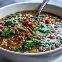 Hearty Lentil and Vegetable Soup steaming in a rustic bowl, topped with fresh parsley and a lemon wedge for bright flavor.  