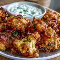Golden, crispy Cauliflower Bhajis fritters are served with a cool, creamy mint yogurt dip on a plate.