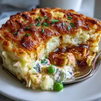 Freshly baked Curried Fish Pie emerges from the oven with golden, crispy mashed potatoes, revealing a creamy, aromatic curry filling inside.