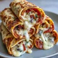 Golden-baked Tortilla Pizza Rolls display a crispy spiral of mozzarella, pepperoni, and bell peppers on a baking sheet. 