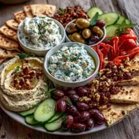 Mediterranean Brunch Board with Dips and Flatbreads arranged with creamy hummus, smoky baba ganoush, and tangy tzatziki, plus crisp veggies and feta.