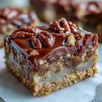 Freshly baked Decadent Sweet and Chewy Turtle Bars cut into squares on a wooden board.