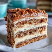Decadent Baked Biscoff Cake with Creamy Lotus Frosting on a rustic plate, topped with crumbled cookies.