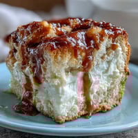 Freshly baked Caramel Cream Cheese Bread on a white plate shows a moist crumb with visible caramel ribbon and cheesecake swirl.