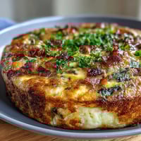A golden, cheesy ham and vegetable frittata fresh from the oven, perfect for a hearty breakfast or brunch.