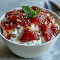 A vibrant bowl of creamy Greek yogurt topped with fresh strawberry compote and crunchy nuts, drizzled with honey for sweetness.
