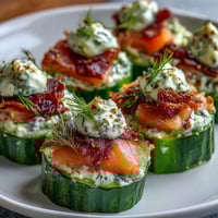 Fresh cucumber bites topped with creamy cheese and smoked salmon, garnished with dill and capers for an elegant appetizer.