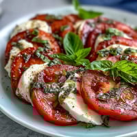 Fresh Caprese salad with juicy tomatoes, creamy mozzarella, and fragrant basil oil drizzle, served on a white platter.  