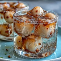 Lychee Agar Jelly Cubes glistening in vibrant sparkling yuzu water, a refreshing summer treat.