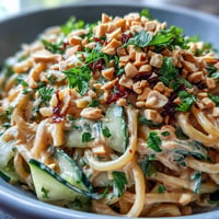 Creamy cold peanut sesame noodles with crisp cucumber, a vibrant, refreshing meal.